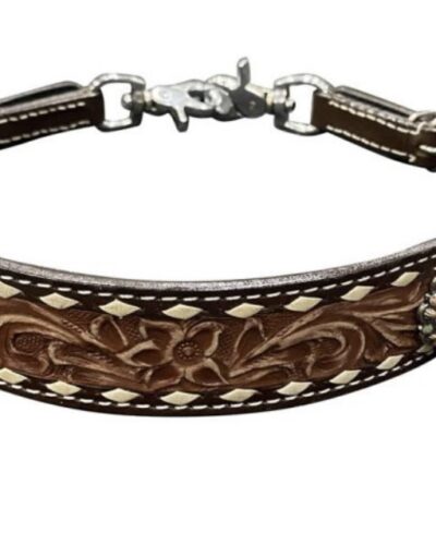 Leather Floral Tooled Wither Strap w/ White Rawhide Lacing
