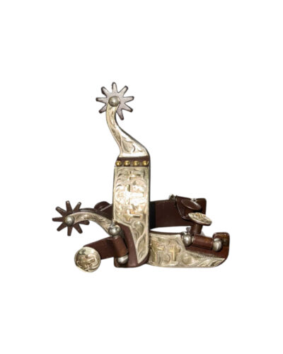 Youth Size Brown Steel Spurs w/ Crosses & Silver Engraved Overlay