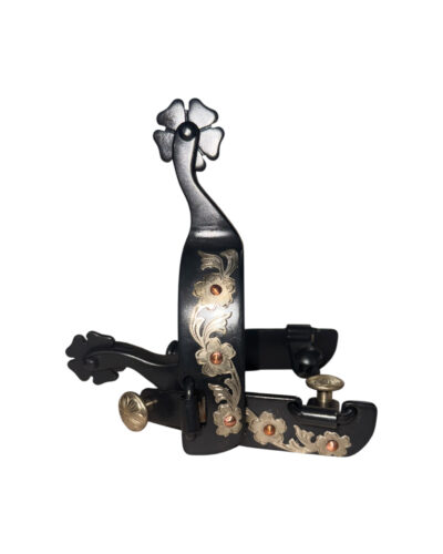 Ladies Black Steel Spur w/ Engraved Silver Overlay & Copper Studs