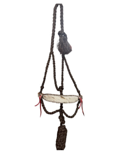 Woven Brown Nylon Mule Tape Halter w/ Brown & White Hair on Cowhide Noseband