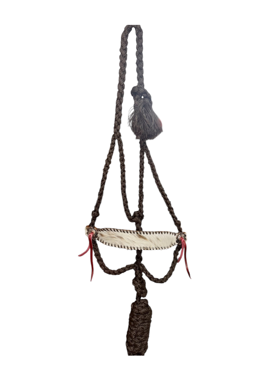 Woven Brown Nylon Mule Tape Halter w/ Brown & White Hair on Cowhide Noseband