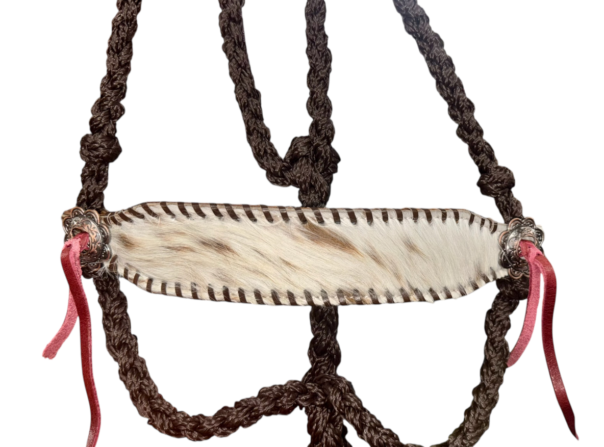 Woven Brown Nylon Mule Tape Halter w/ Brown & White Hair on Cowhide Noseband - Image 2