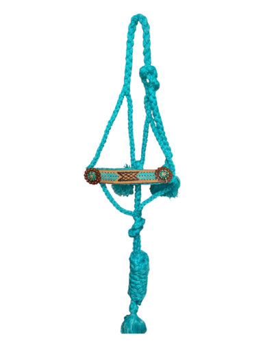 Woven Turquoise Nylon Mule Tape Halter w/ Teal Tooled Leather Noseband