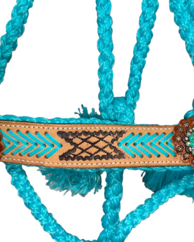 Alternative view of Woven Turquoise Nylon Mule Tape Halter w/ Teal Tooled Leather Noseband