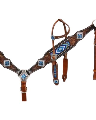 Blue Beaded Inlay Headstall & Breastcollar Set