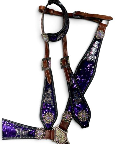Purple and Silver Sequins Inlay 1-Ear Headstall & Breastcollar Set