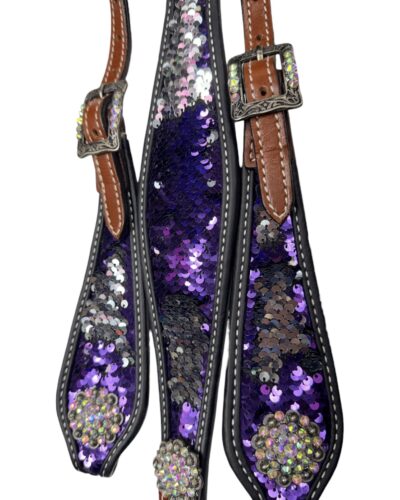 Alternative view of Purple and Silver Sequins Inlay 1-Ear Headstall & Breastcollar Set