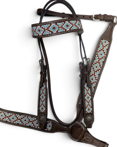 Burgundy & Turquoise Southwest Beaded Headstall and Breastcollar Set