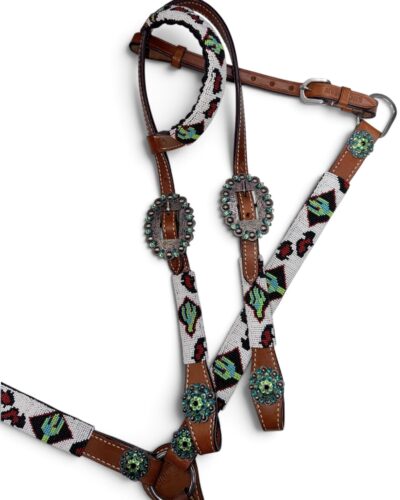 Beaded Cactus & Leopard 1-Ear Headstall and Breastcollar Set