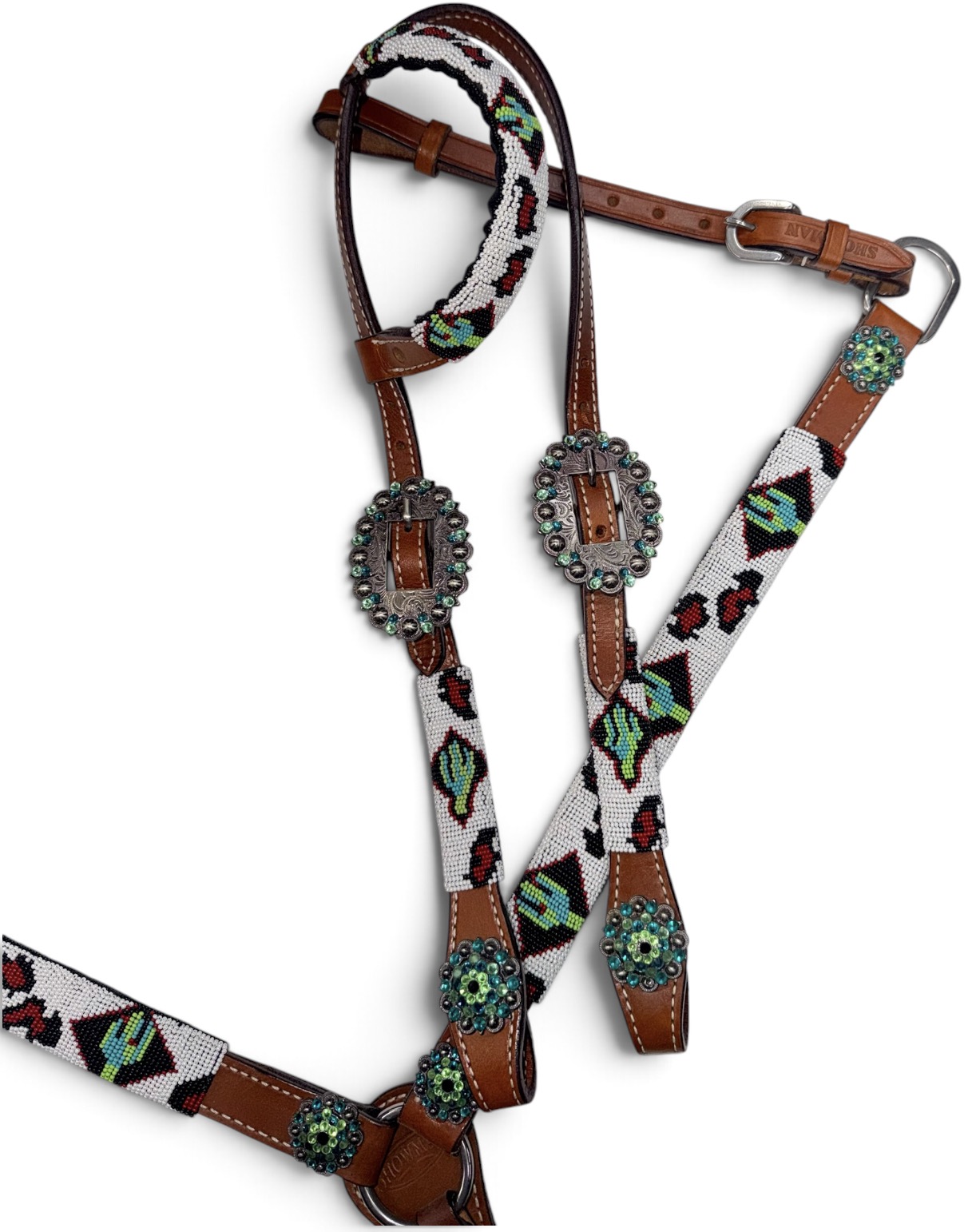 Beaded Cactus & Leopard 1-Ear Headstall and Breastcollar Set