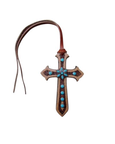Leather Tie On Cross w/ Turquoise Stone Flower Concho