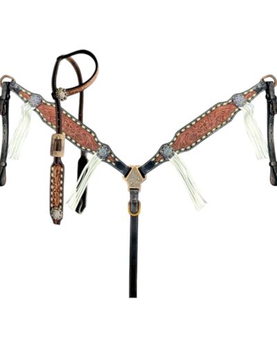 Two-Tone Tooled 1-Ear Headstall & Breastcollar Set w/ Fringe