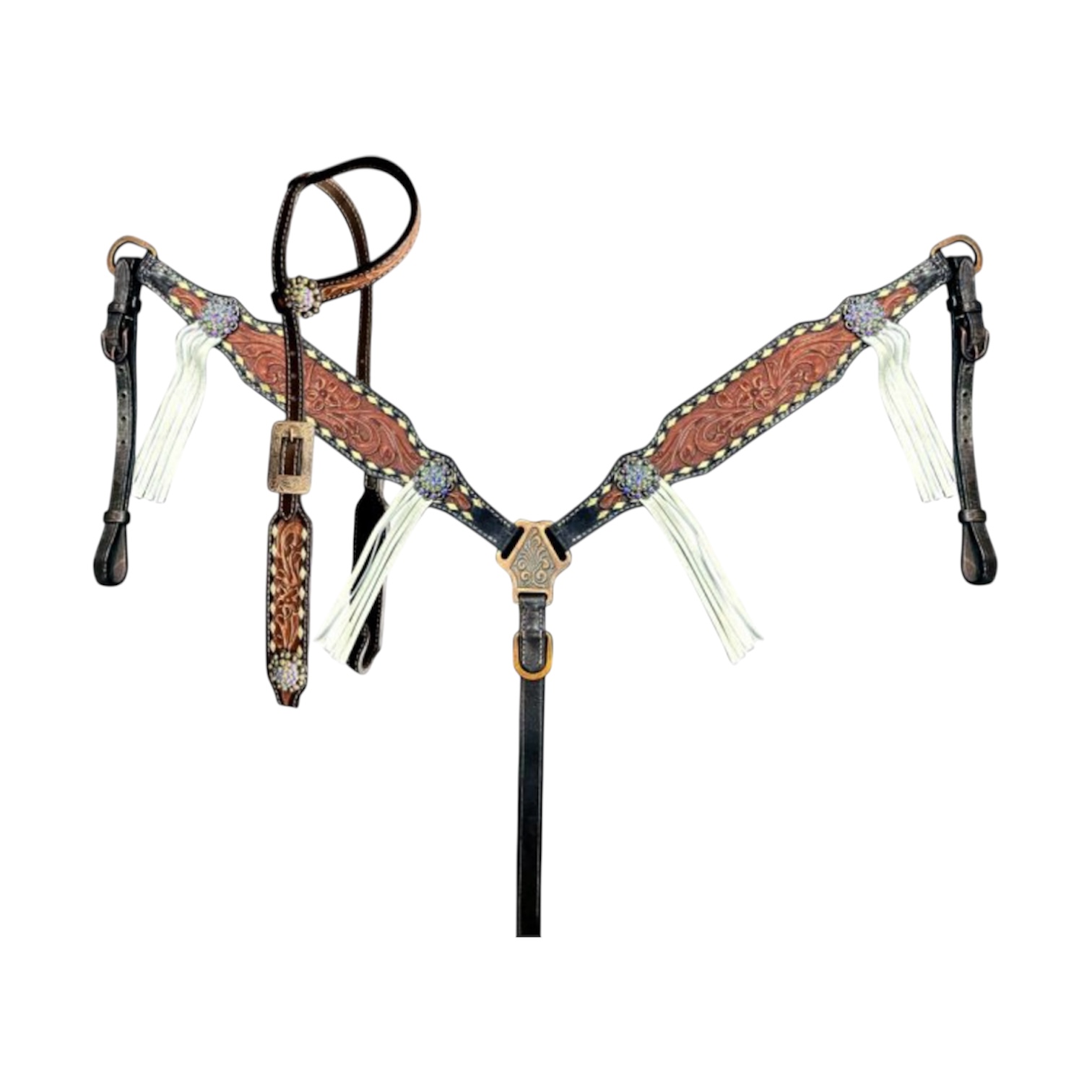 Two-Tone Tooled 1-Ear Headstall & Breastcollar Set w/ Fringe
