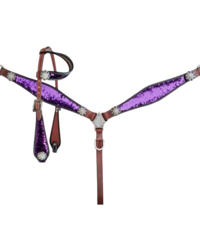 Purple and Silver Sequins Inlay 1-Ear Headstall & Breastcollar Set