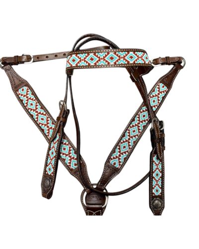 Burgundy & Turquoise Southwest Beaded Headstall and Breastcollar Set