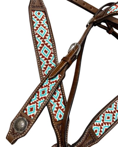 Alternative view of Burgundy & Turquoise Southwest Beaded Headstall and Breastcollar Set