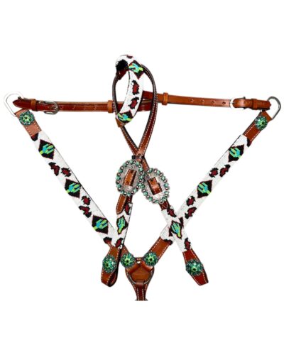 Beaded Cactus & Leopard 1-Ear Headstall and Breastcollar Set