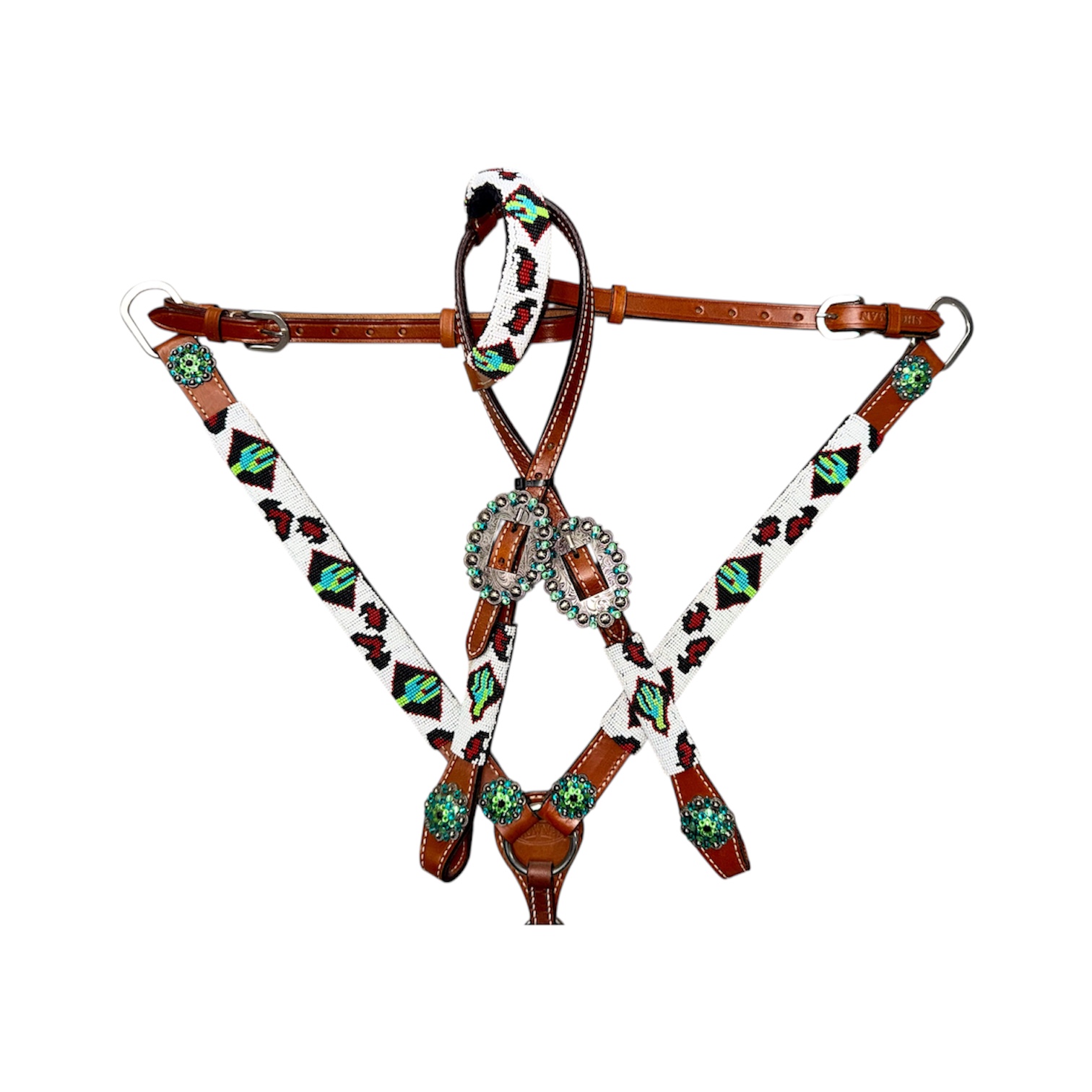 Beaded Cactus & Leopard 1-Ear Headstall and Breastcollar Set