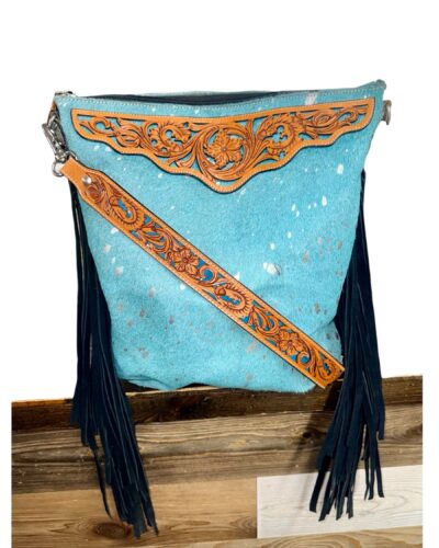Rafter T Turquoise Acid Wash Cowhide Large Crossbody Bag