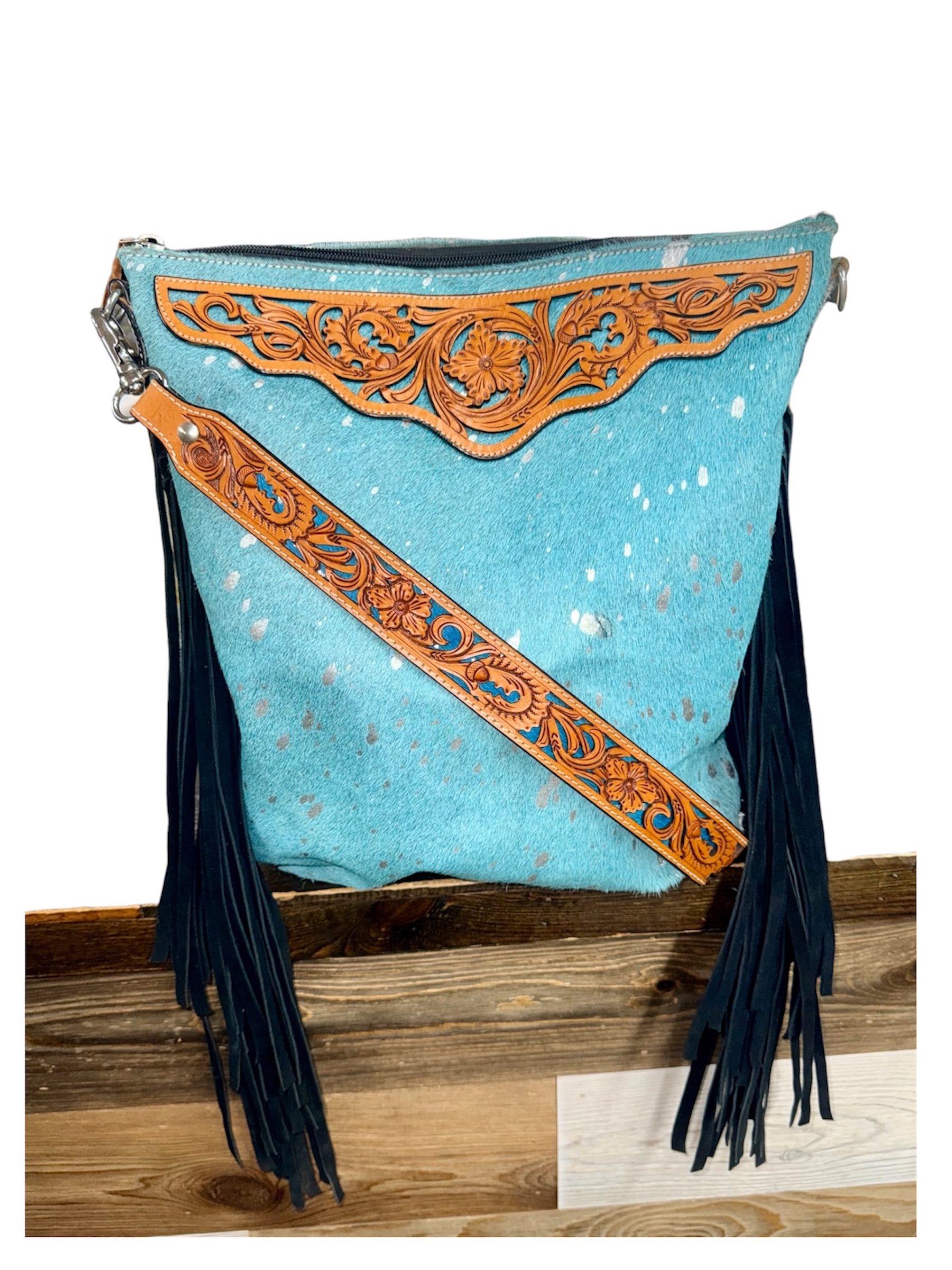 Rafter T Turquoise Acid Wash Cowhide Large Crossbody Bag