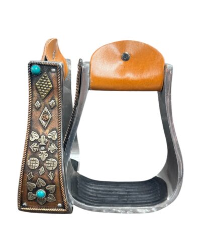 Engraved Aluminum Stirrups w/ Spade  & Turquoise Accents