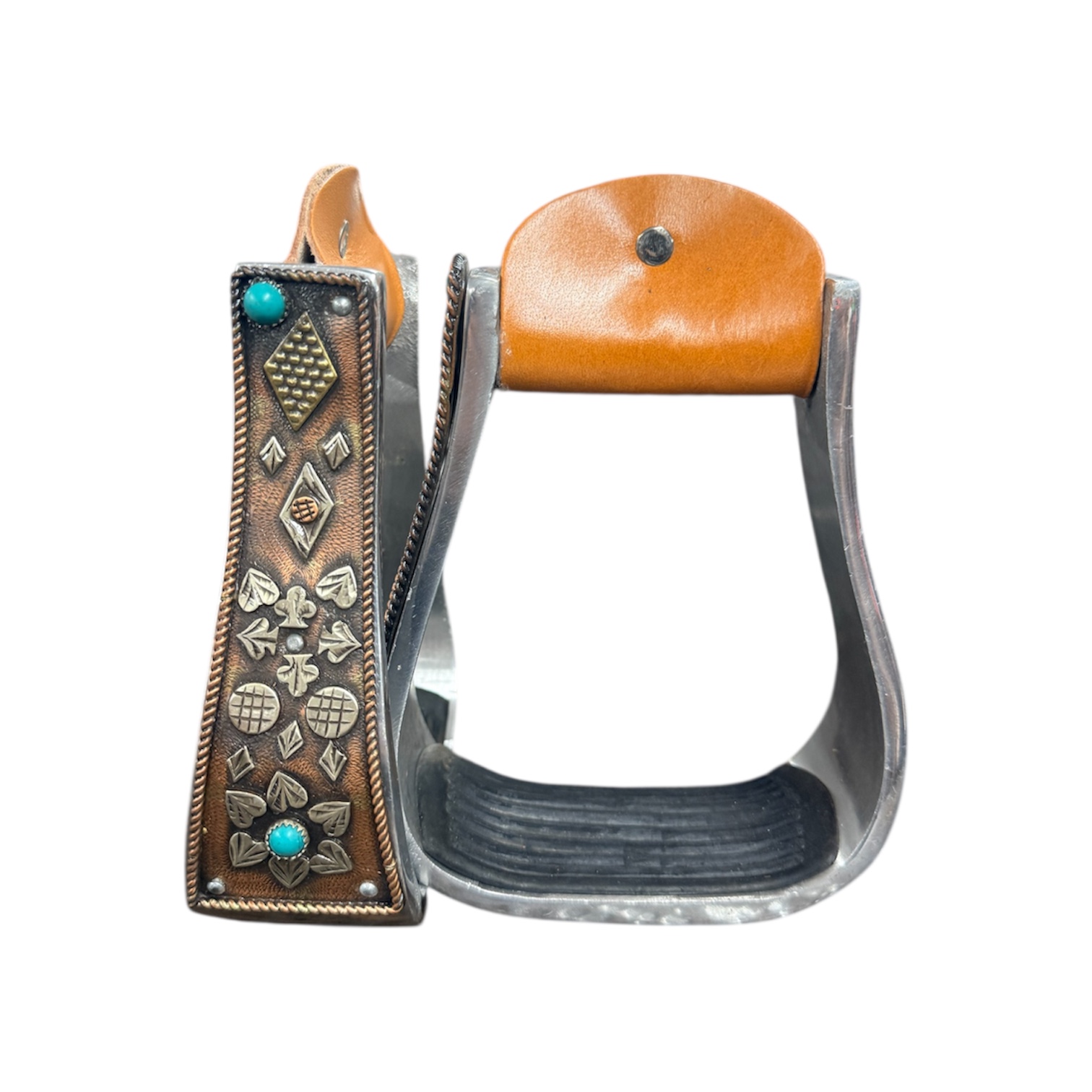 Engraved Aluminum Stirrups w/ Spade & Turquoise Accents