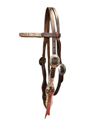 Heavy Oiled Tan Filigree Browband Headstall w/ Fancy Buckles