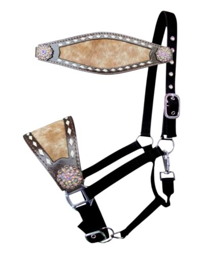 Hair on Cowhide Nylon Bronc Halter w/ Floral Concho Accents
