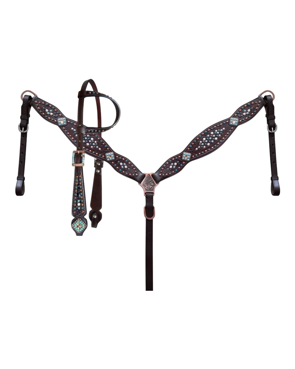 Gator Inlay & Turquoise and Copper Beading 1-Ear Headstall & Breastcollar Set