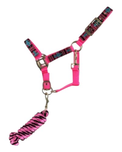 Pony Size Pink Nylon Halter & Lead Rope Set w/ Cross Overlay