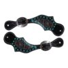 Black Tooled Leather Spur Straps w/ Teal Buckstitching