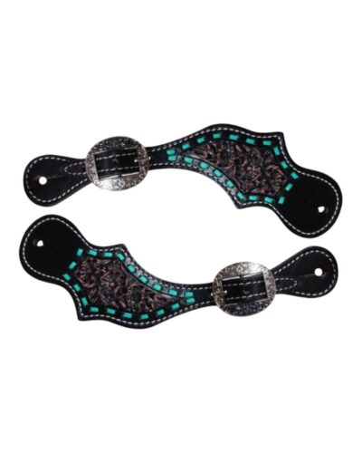 Black Tooled Leather Spur Straps w/ Teal Buckstitching