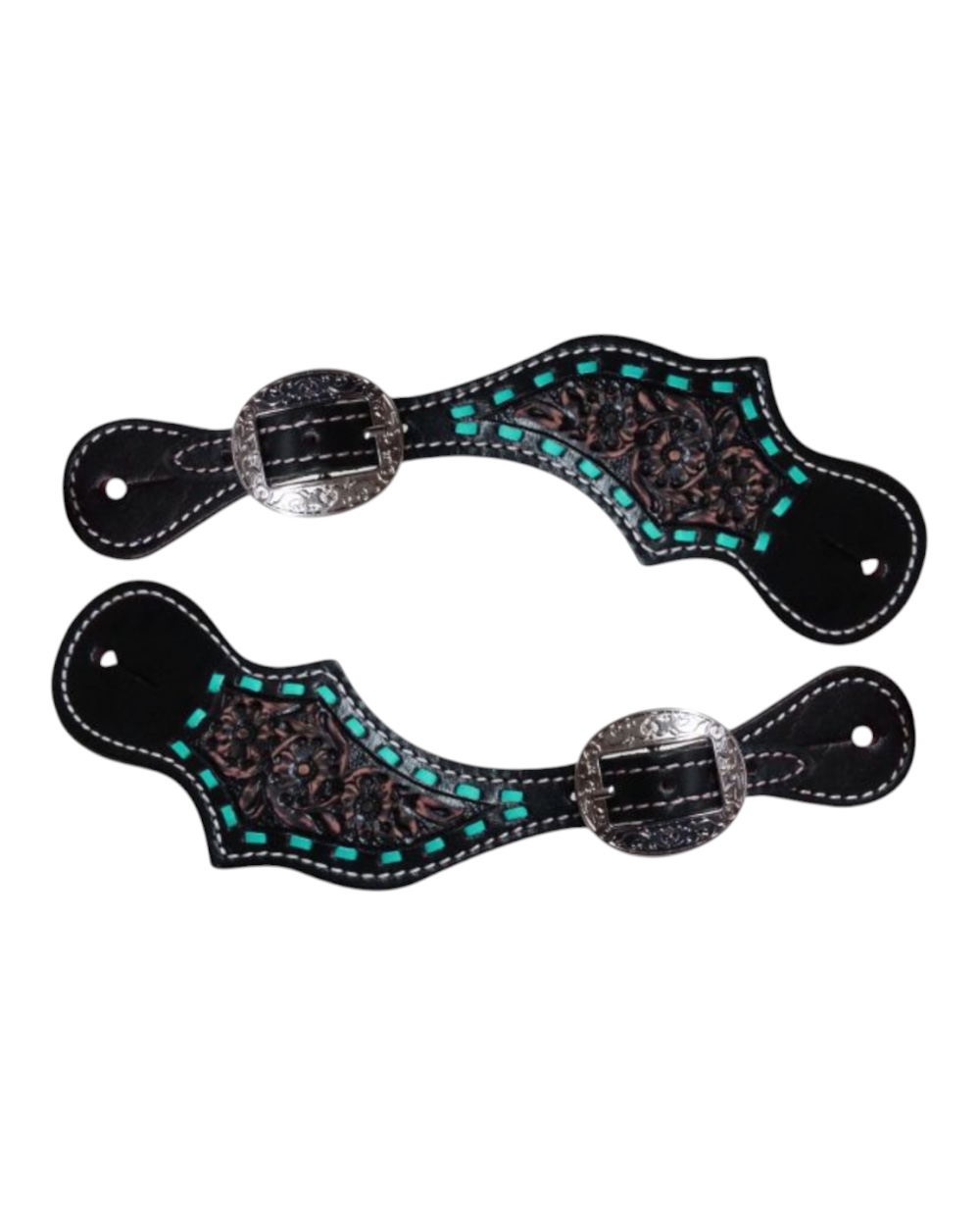 Black Tooled Leather Spur Straps w/ Teal Buckstitching