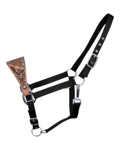 Floral Tooled & Teal Buckstitched Bronc Halter